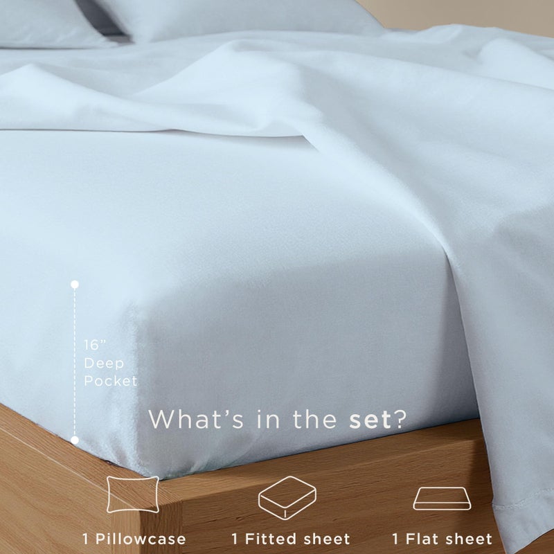 Threadmill Cotton Twin XL Sheet Set | 100% Cotton Sheets for Twin XL Size Bed | Solid Sateen Twin XL Bed Sheets Set with 16â€ Deep Pocket | Soft Breathable 3-Piece Cooling Sheets | Light Blue - Image 3